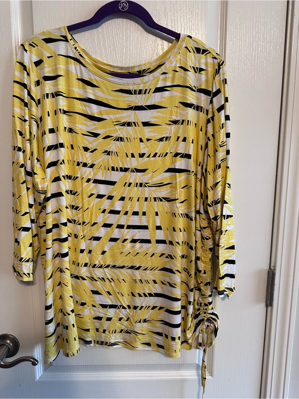 Ruby Rd. Yellow Palm-Print Striped Long Sleeve Top